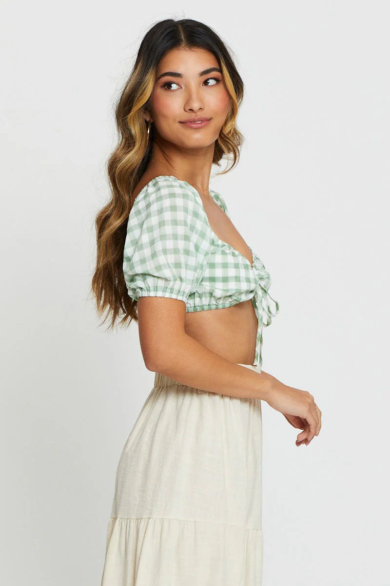 Check Crop Top Short Sleeve Tie Up