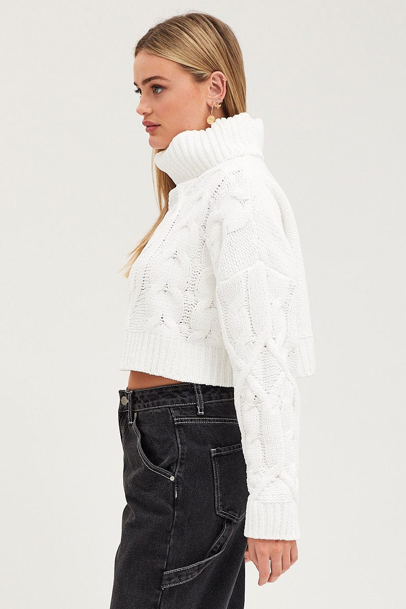 White Knit Top Long Sleeve Crop Turtleneck