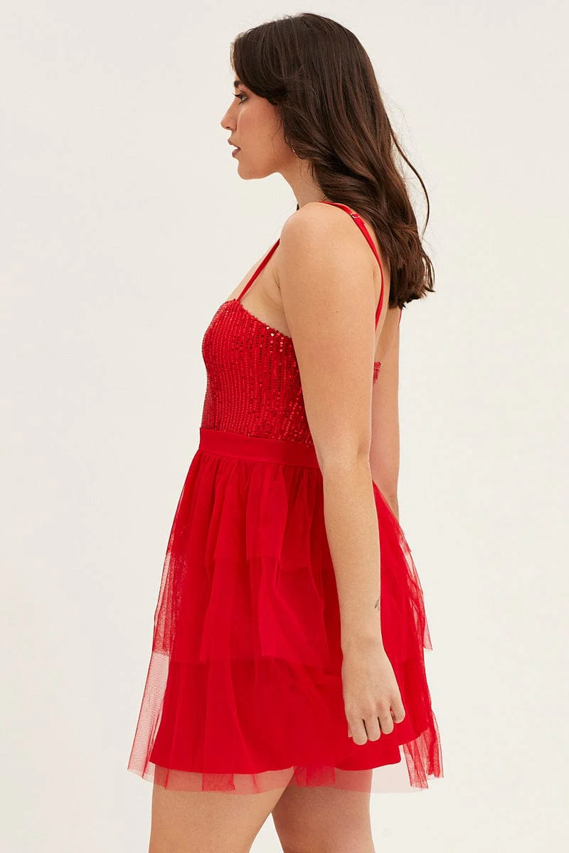 Red Skater Dress Sweet Heart Neck Lace