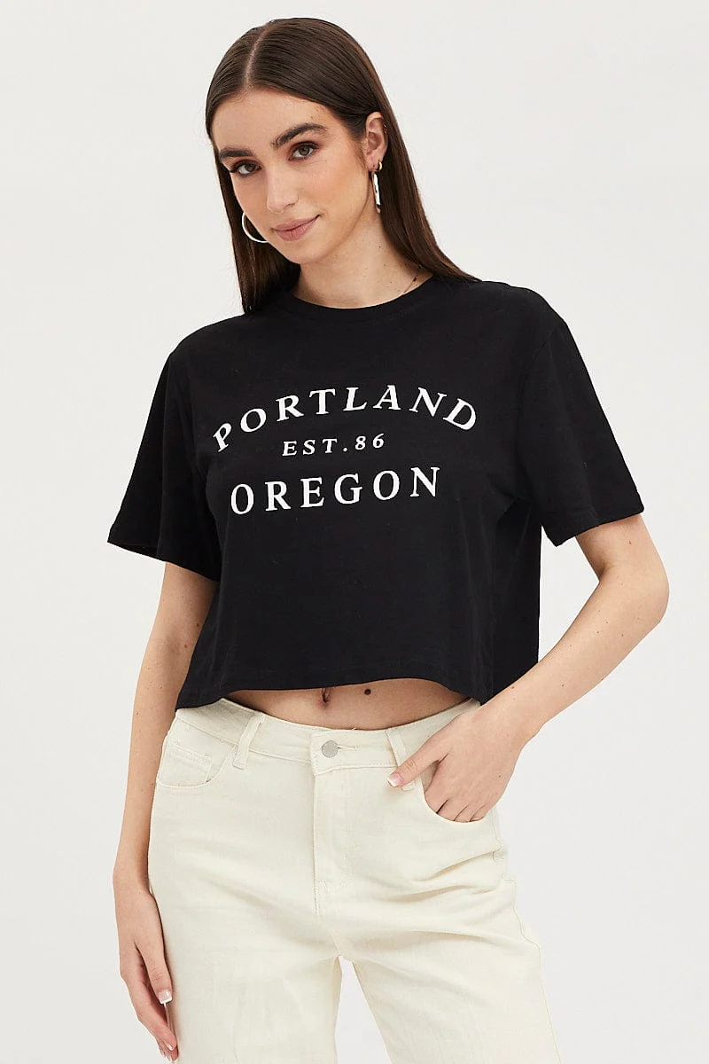 Black Graphic T Shirt Short Sleeve Crop