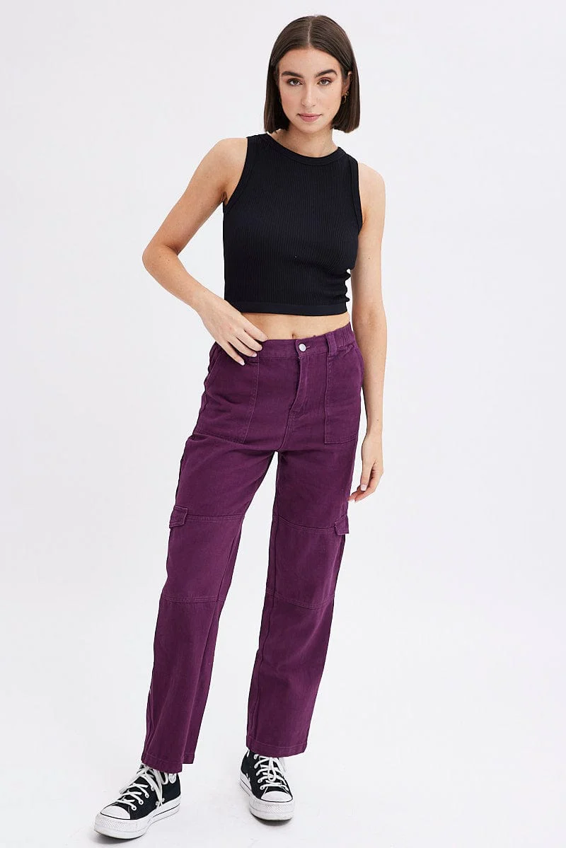 Purple Cargo Jeans Straight Back Elastic Waist