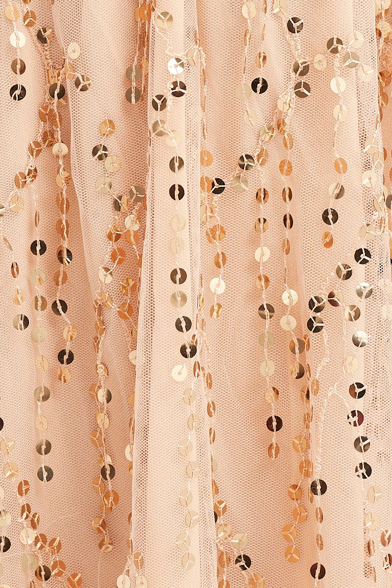 Beige Skater Sequin Dress Backless V Neck