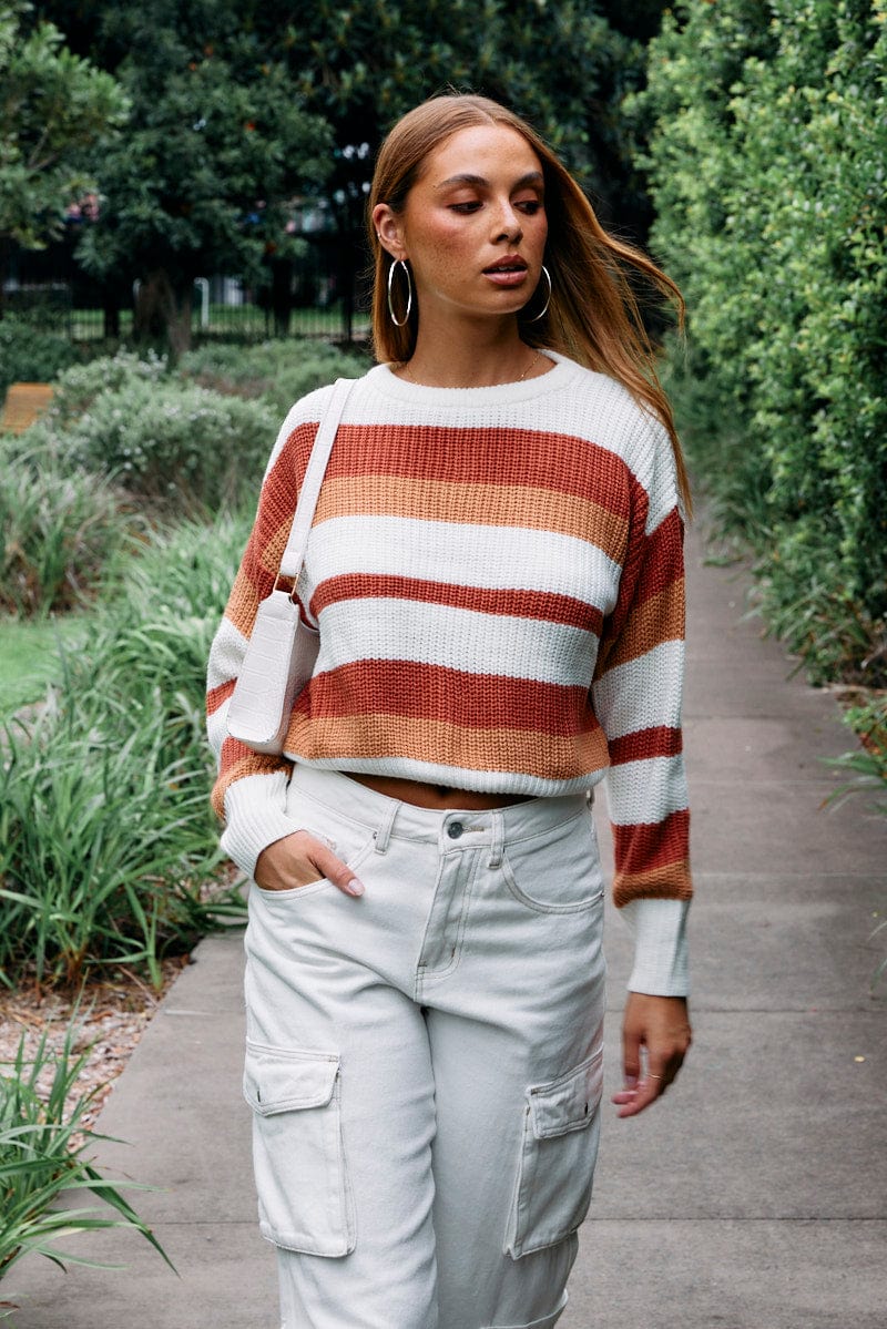 Brown Stripe Knit Top Long Sleeve Color Block
