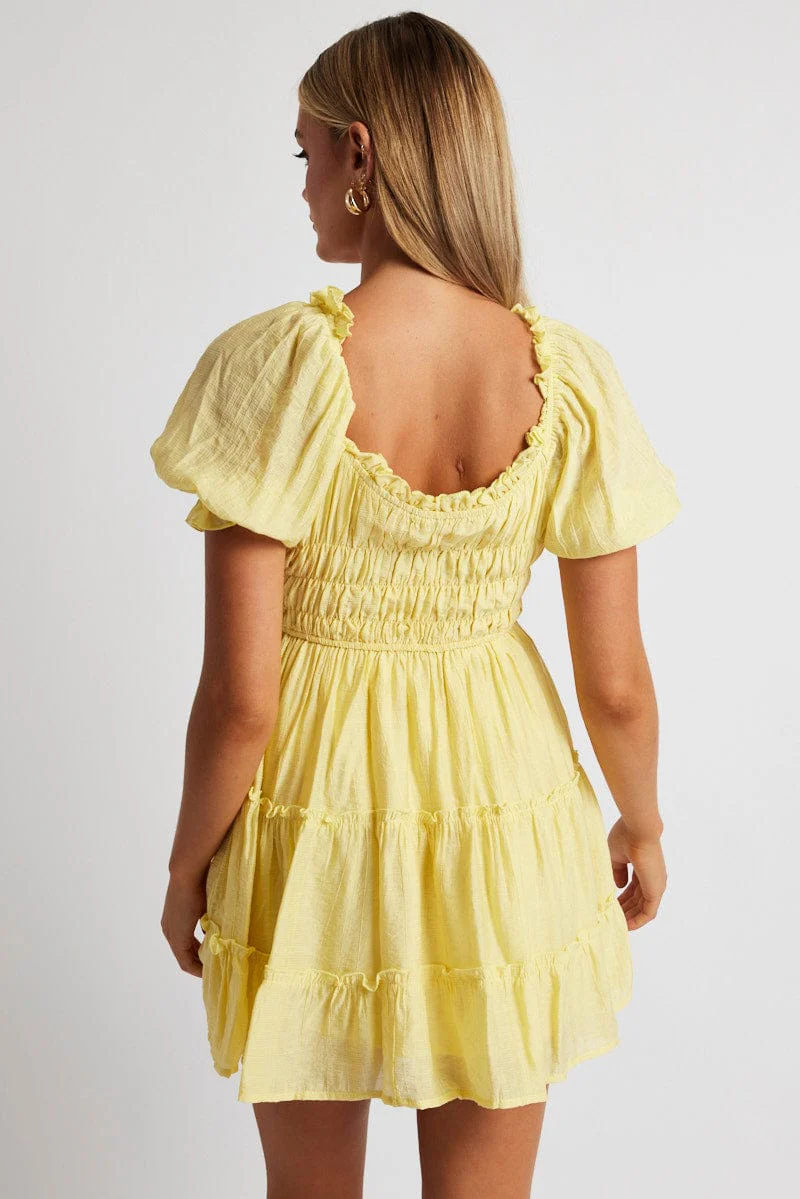 Yellow Fit And Flare Dress Puff Sleeve