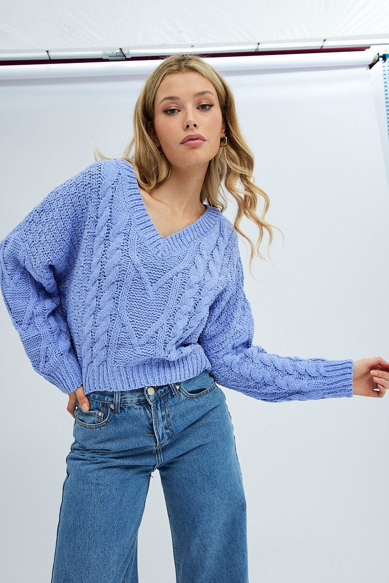 Blue Knit Top Long Sleeve V-Neck Cable