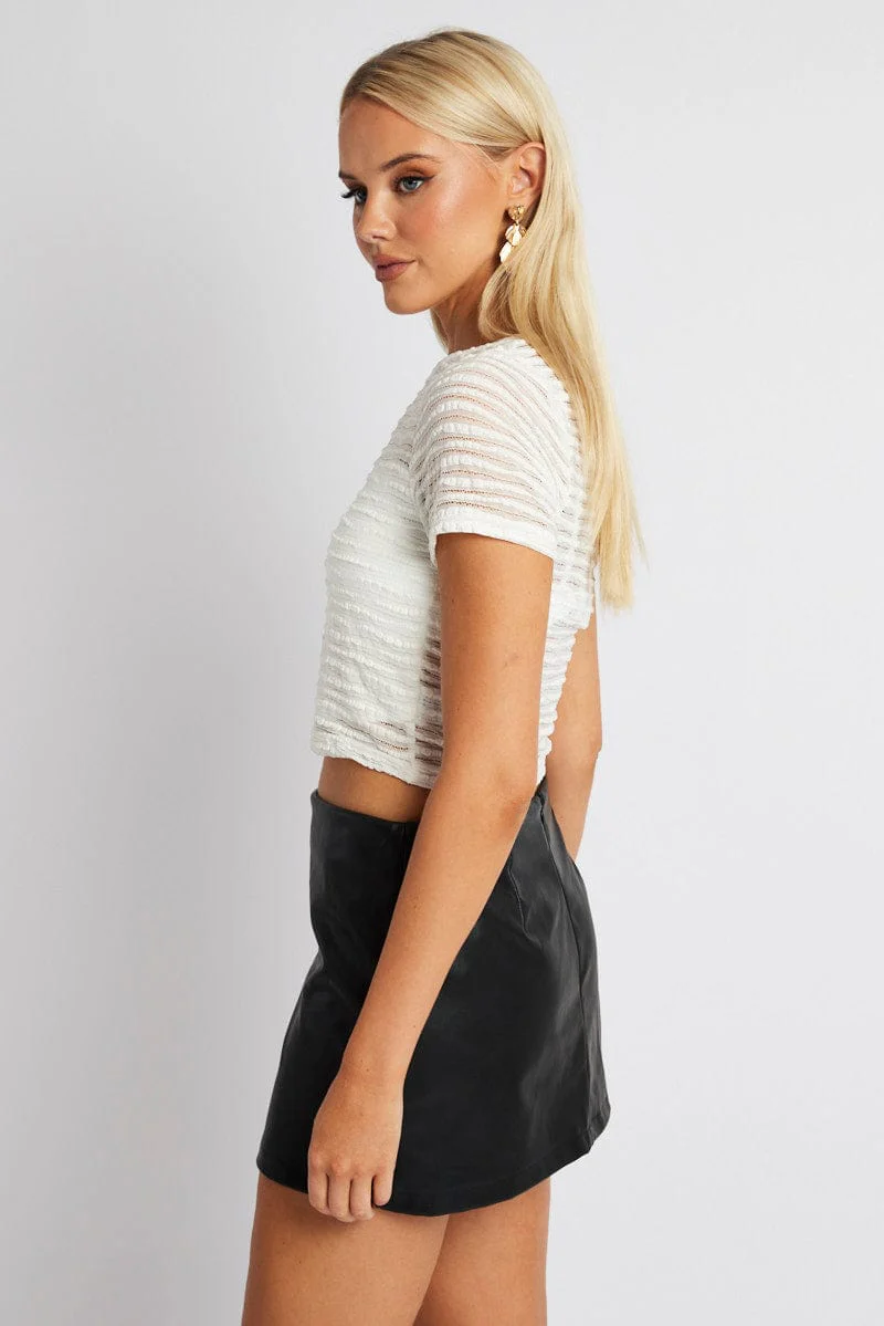 White Crop Top Short Sleeve Textured