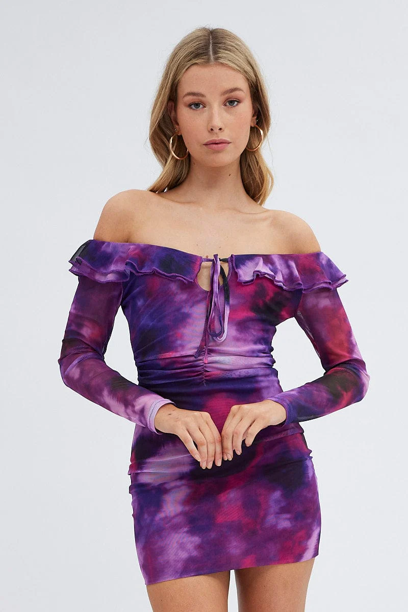 Purple Abstract Mini Dress Long Sleeve Off Shoulder Frill Mesh