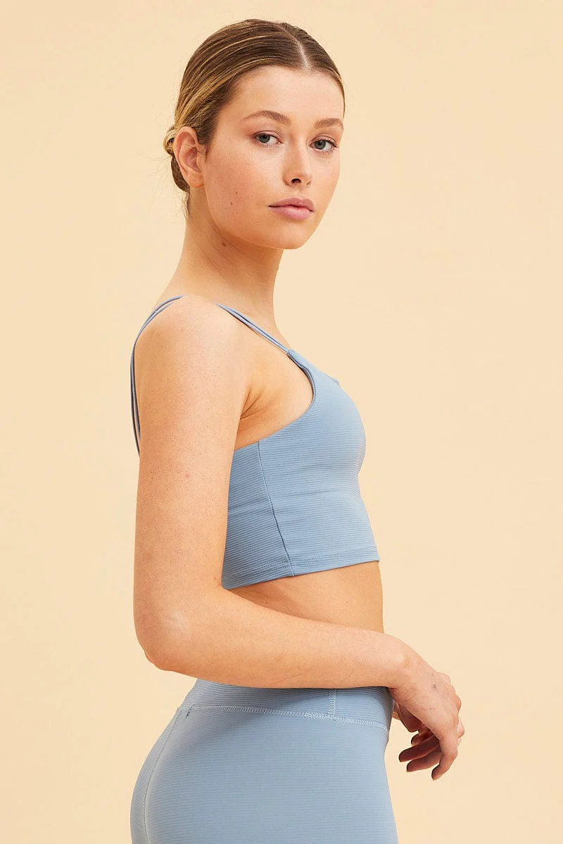 Blue Crop Top High Neck Active Rib