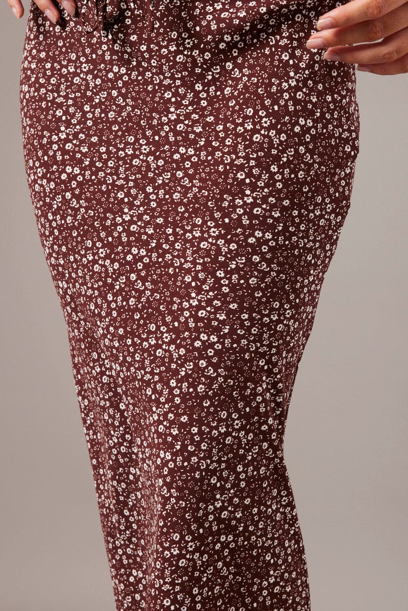 Brown Ditsy Slip Skirt Maxi