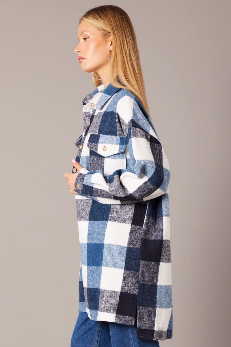 Blue Check Long Shacket Long Sleeve