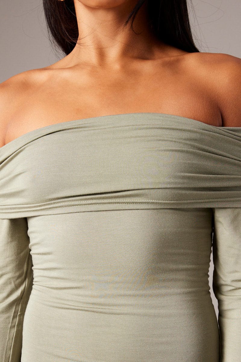 Green Off Shoulder Dress Long Sleeve  Maxi