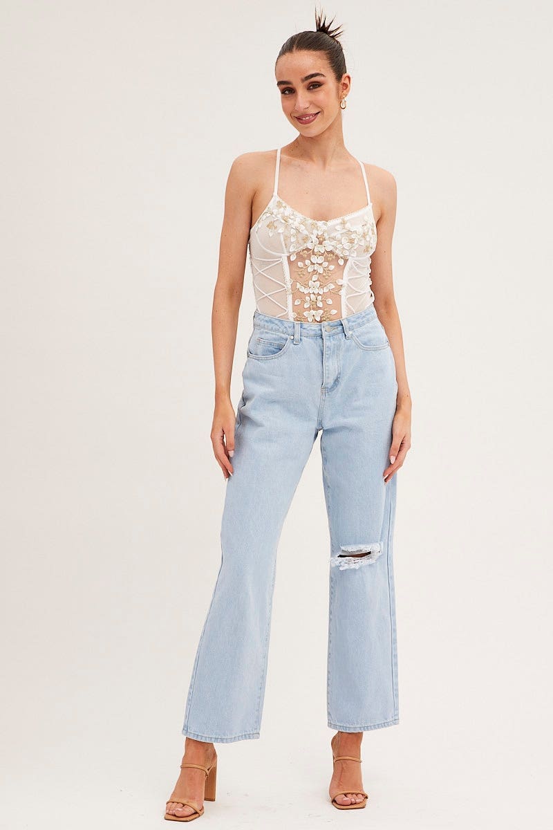 White Appliques Mesh Lace One Piece Teddy Bodysuit