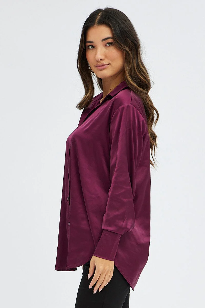 Purple Satin Shirt Long Sleeve Collared Neck