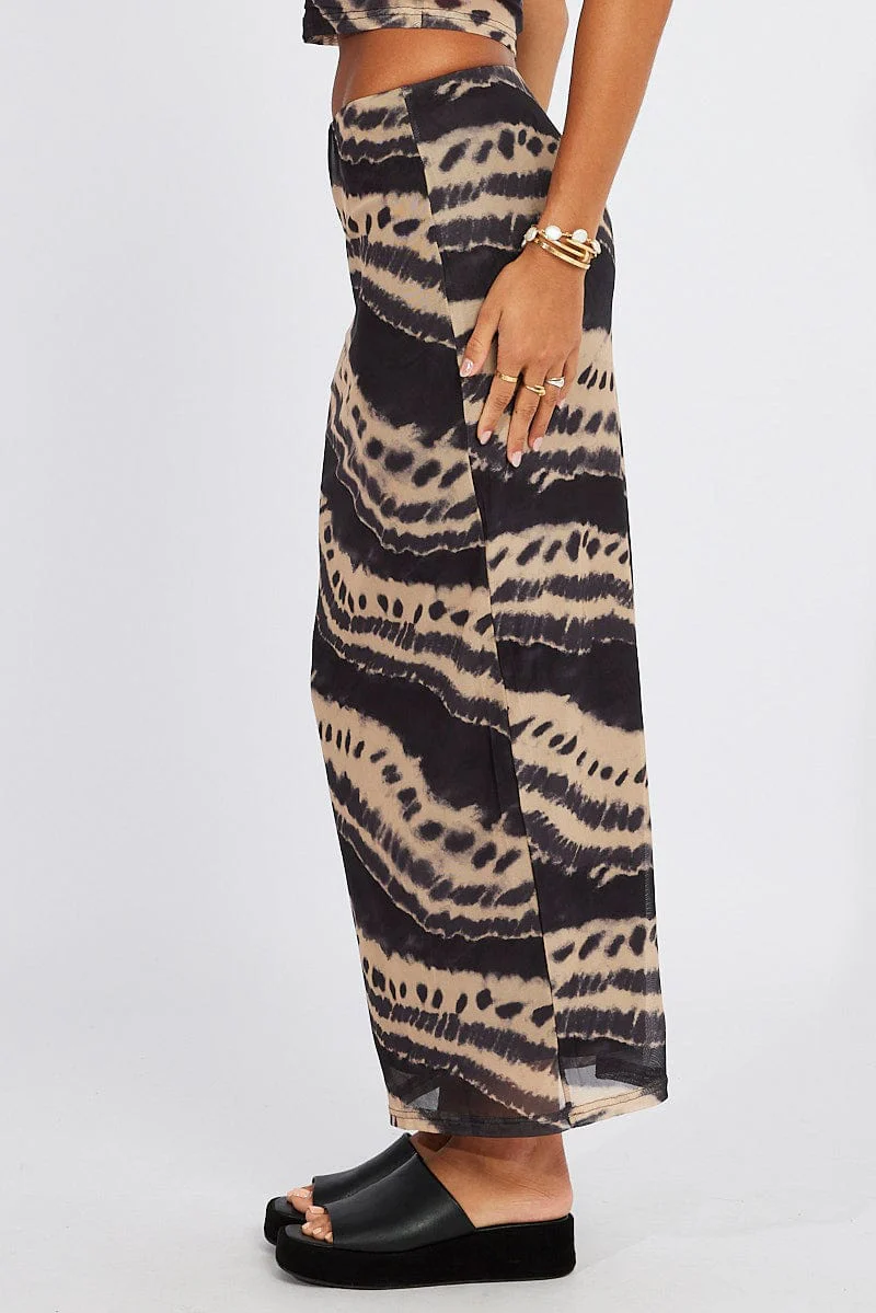 Brown Abstract Maxi Skirt High Rise Mesh