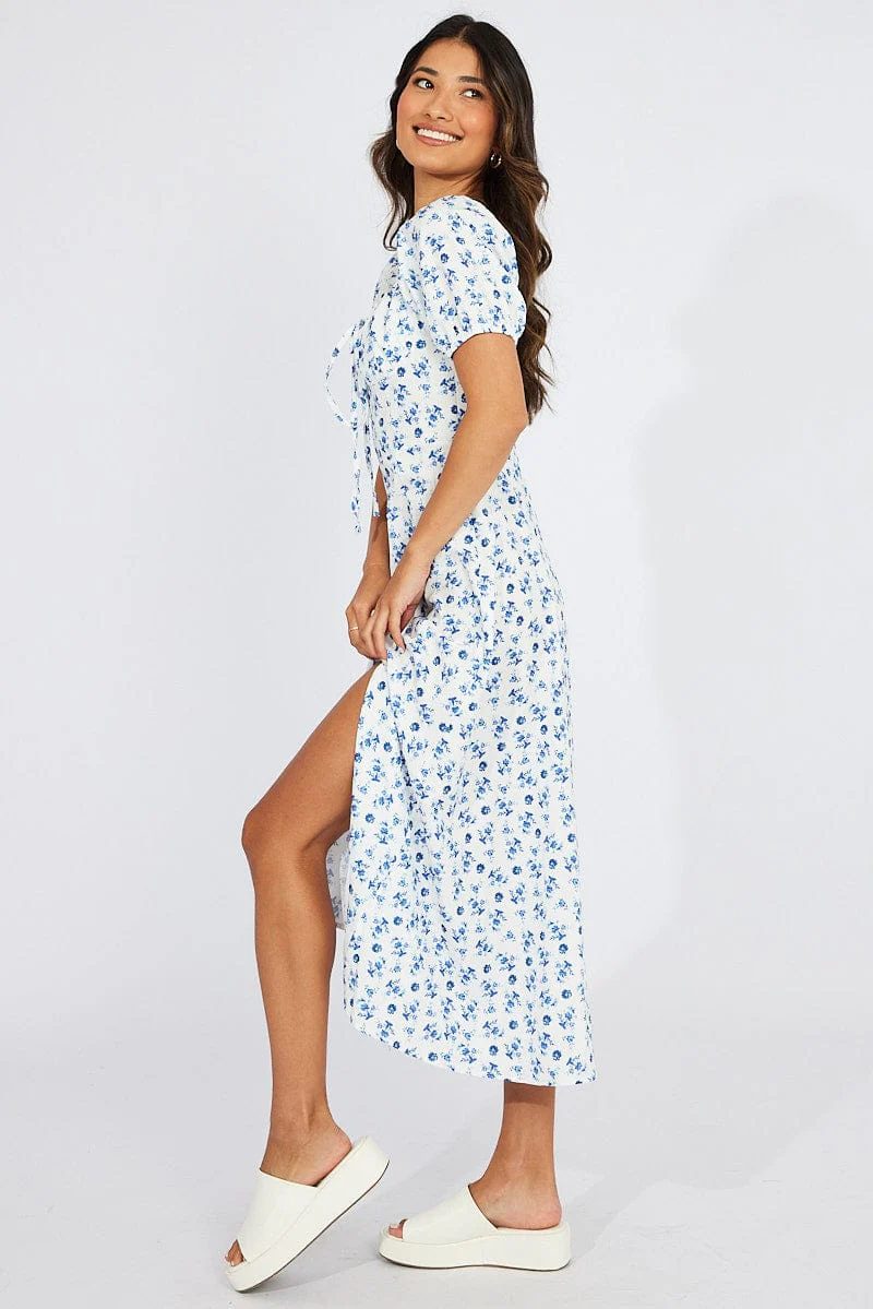 Blue Floral Ruched Bust Midi Dress Short Sleeve