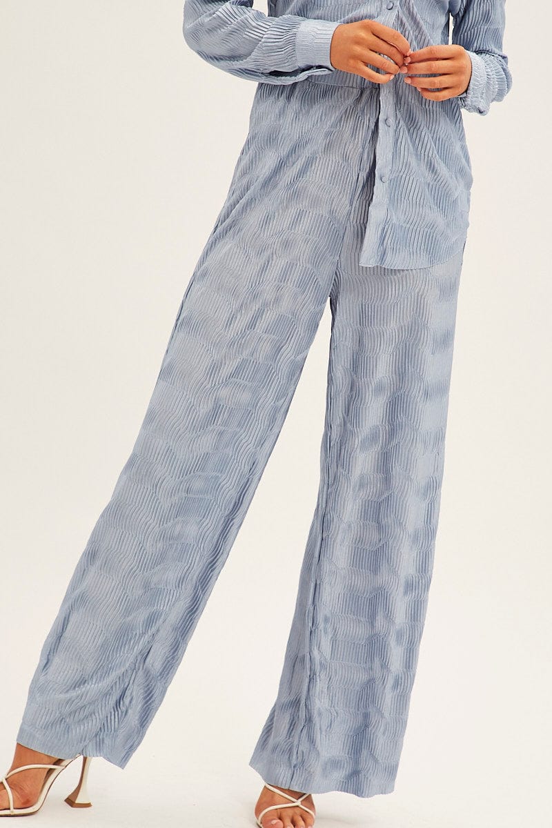 Blue Plisse Pants Wide Leg