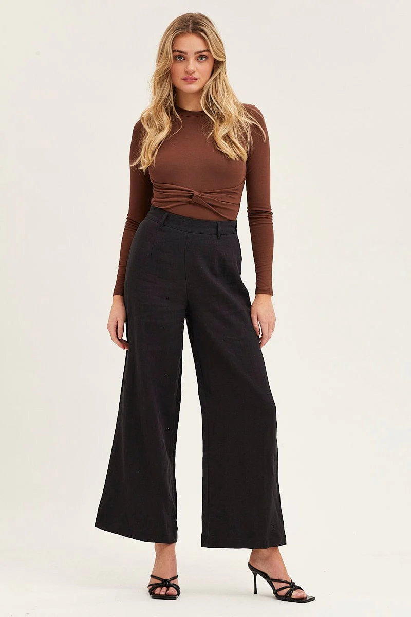 Black Pants High Rise Wide Leg Linen Blend