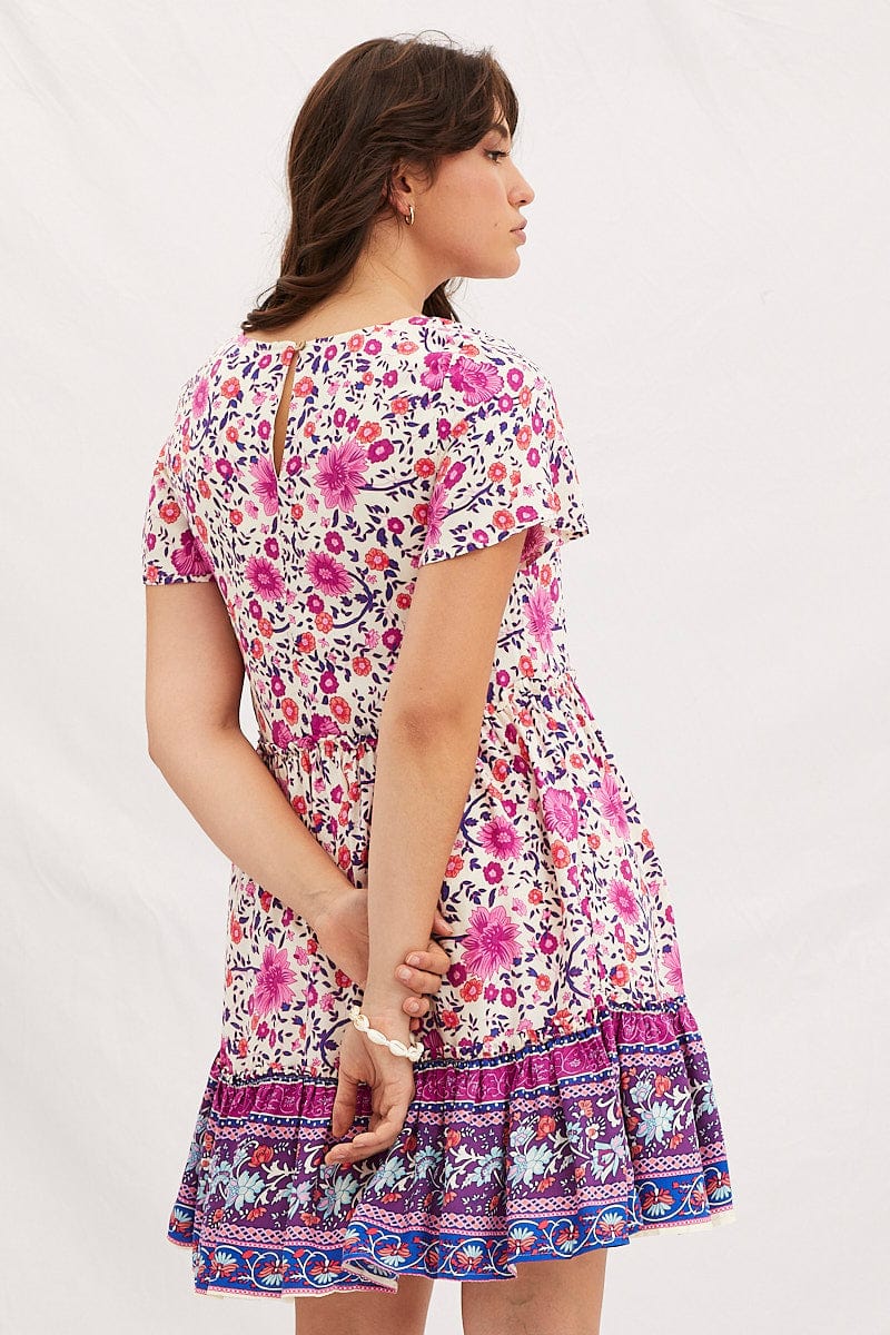Boho Print Mini Dress Short Sleeve