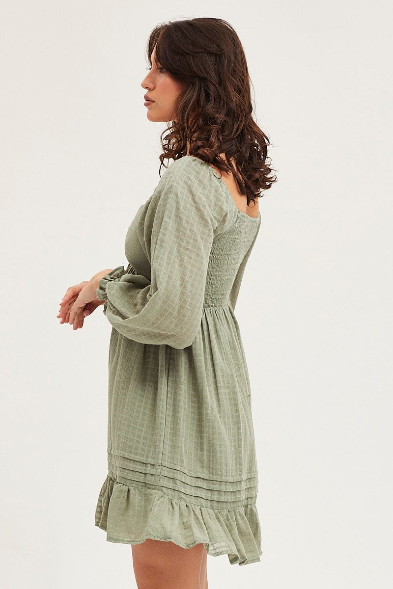 Green Smock Dress Long Sleeve Mini