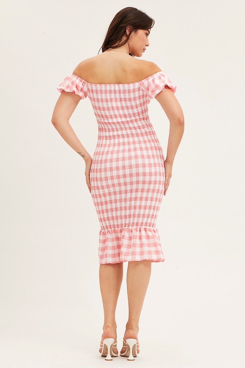 Check Shirred Midi Dress