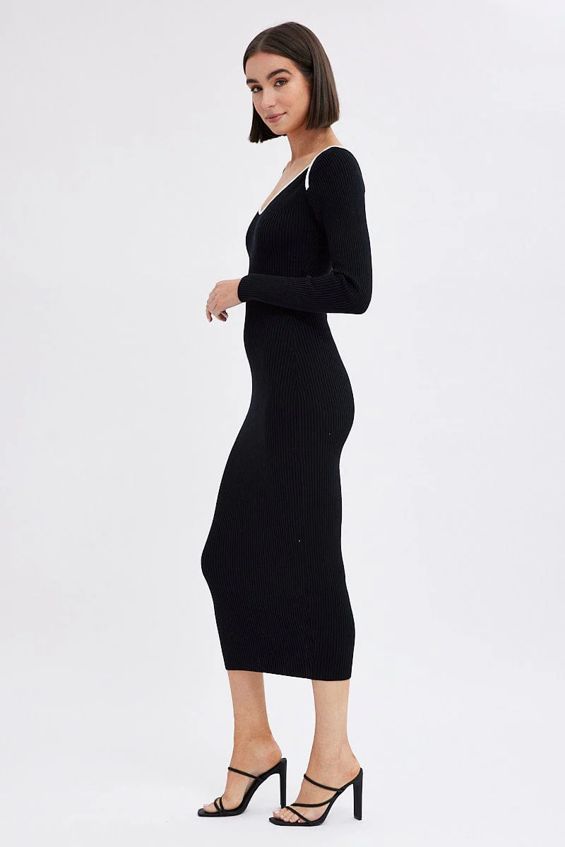 Black Midi Dress Long Sleeve Sweetheart Contrast Bind