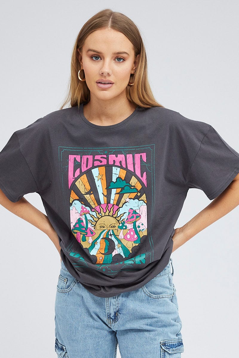 Grey Graphic Tee Festival Bright Oversized T-shirt