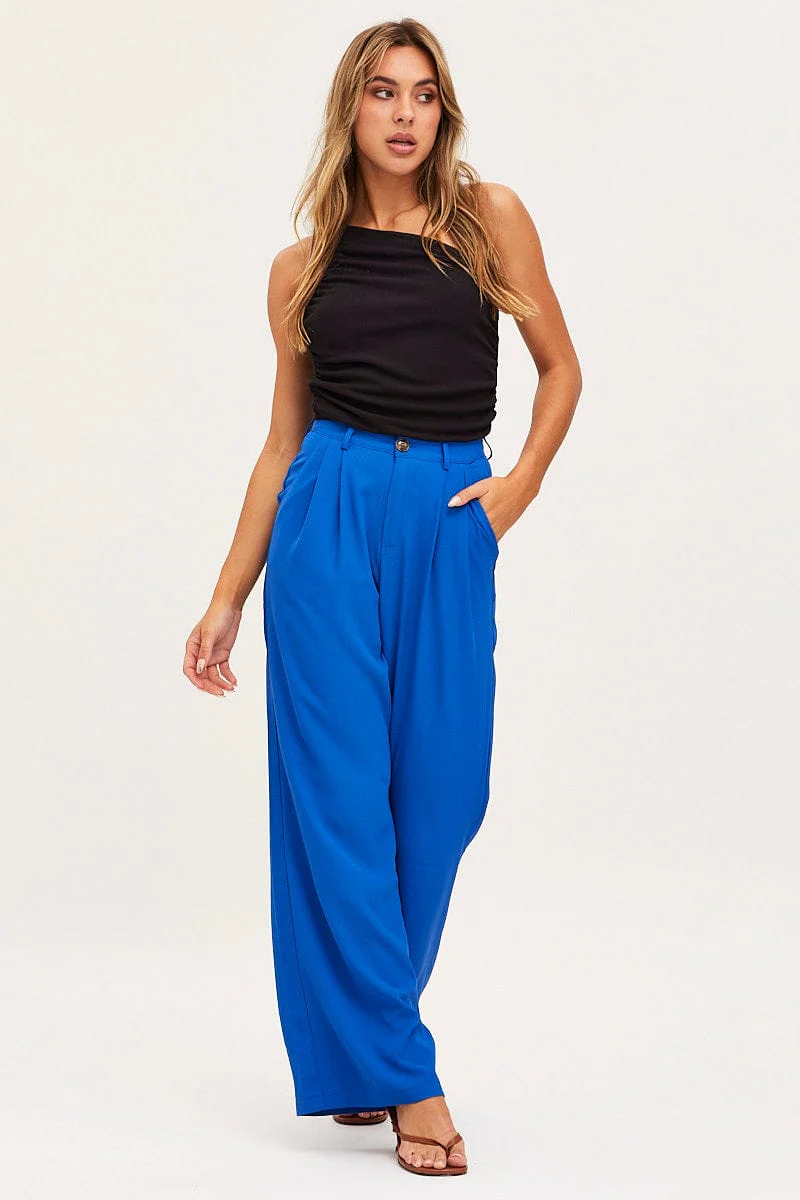 Blue Wide Leg Pants High Rise