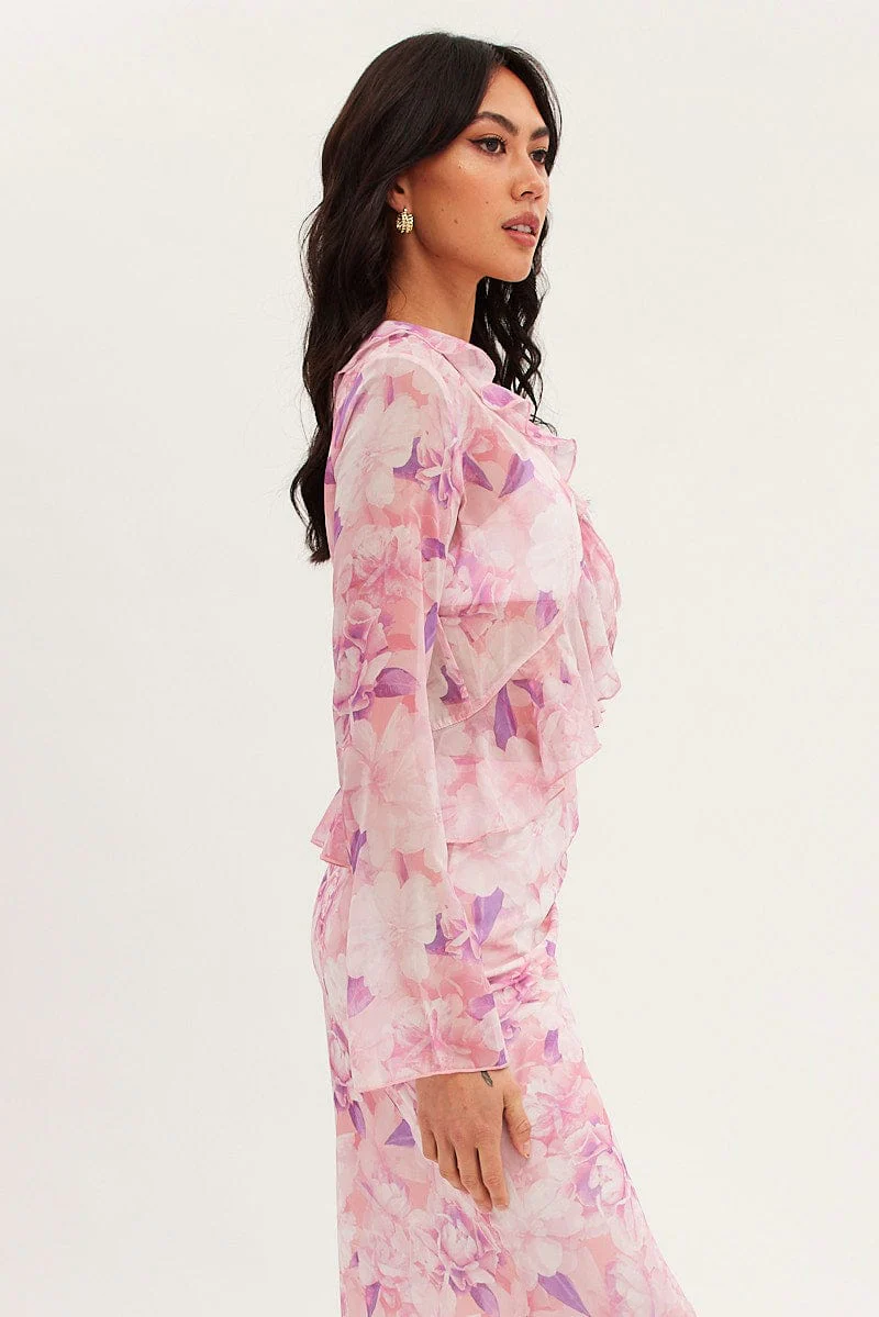 Pink Floral Bolero Flare Long Sleeve V Neck Floral Chiffon