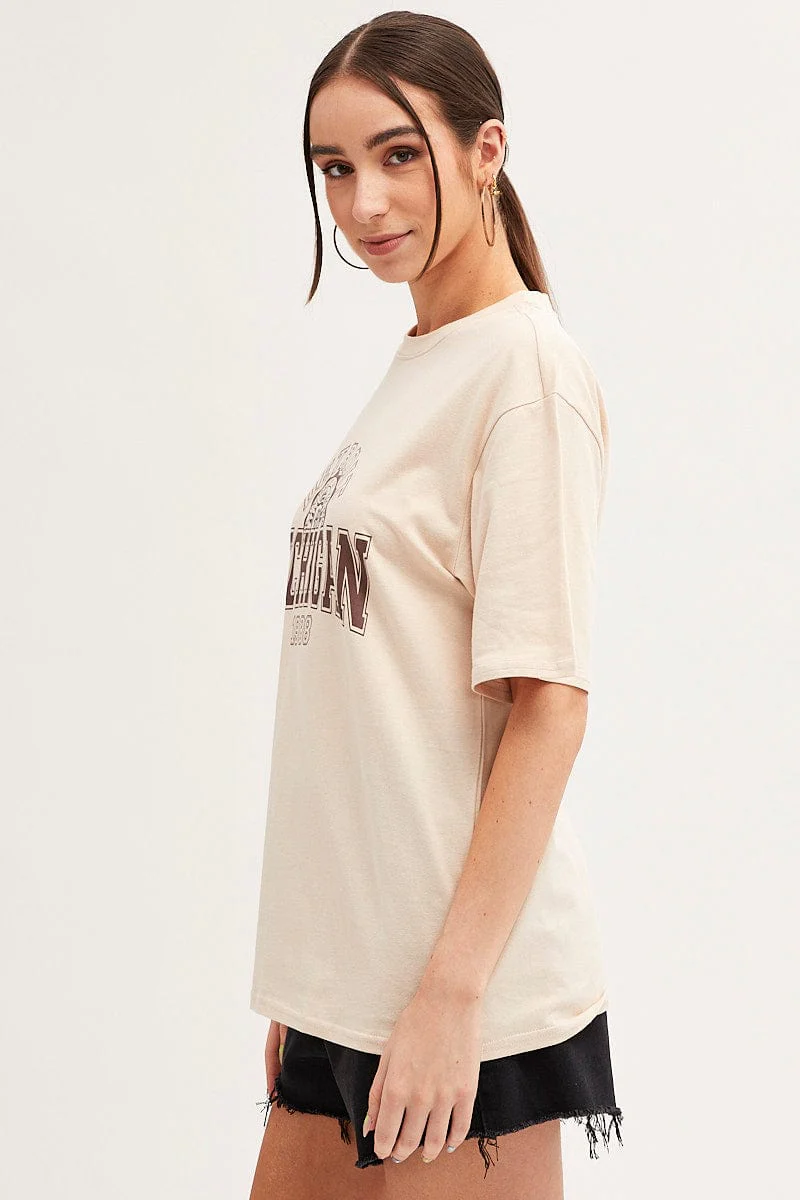 Beige Michigan Graphic T Shirt Short Sleeve Crew Neck