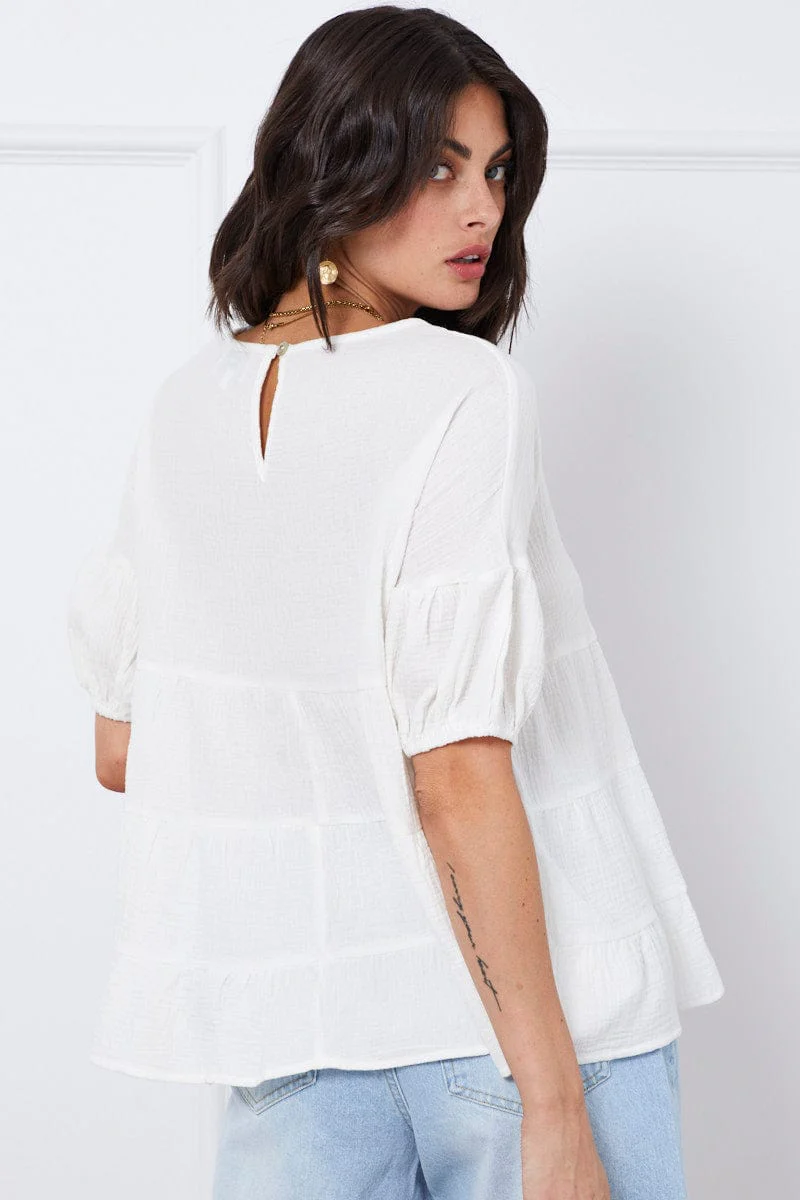 White Relaxed Top Short Sleeve Square Neck