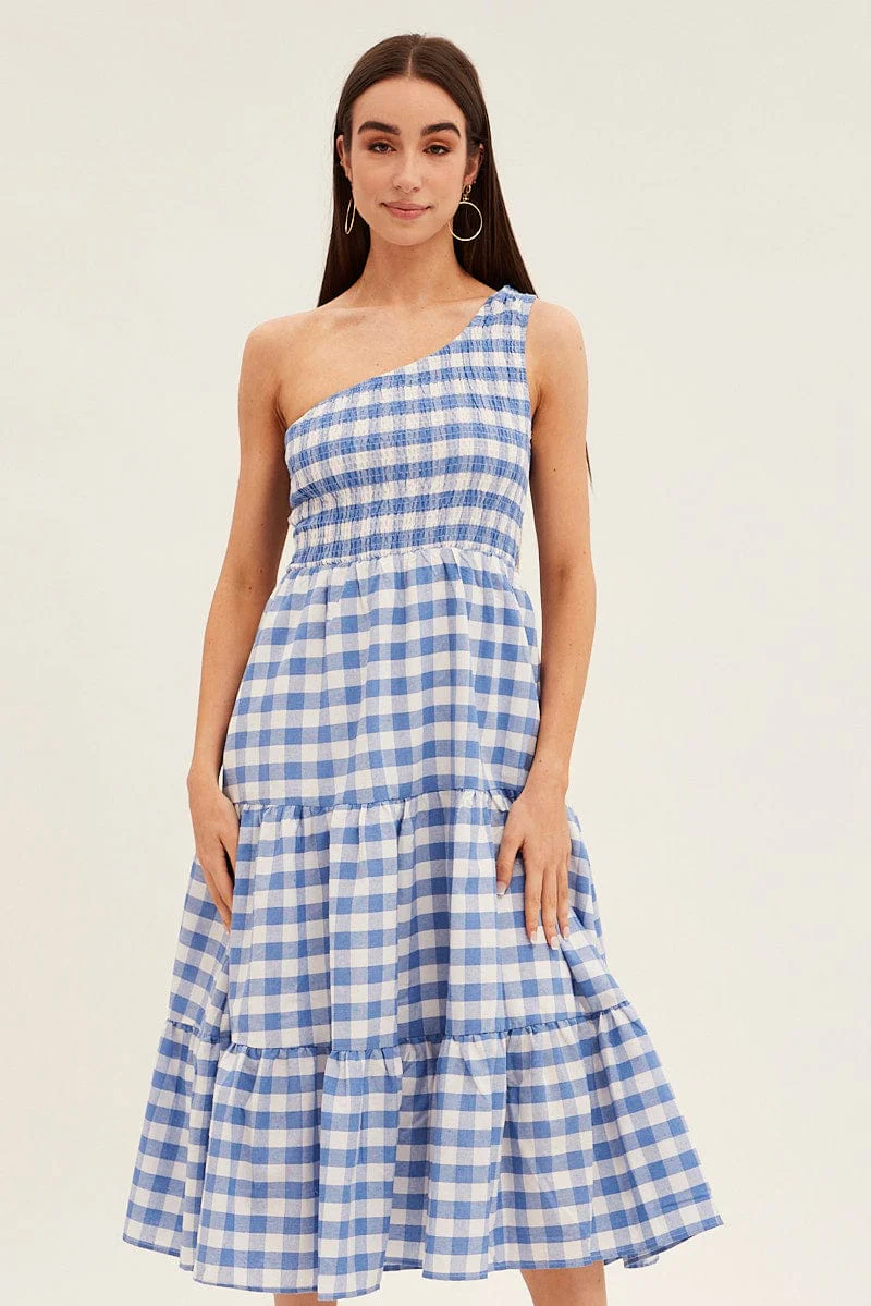 Blue Check Midi Dress One Shoulder Shirred