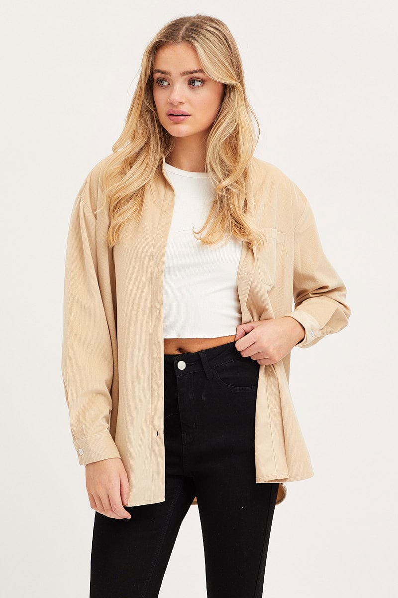 Beige Shirt Top Long Sleeve Collared Corduroy