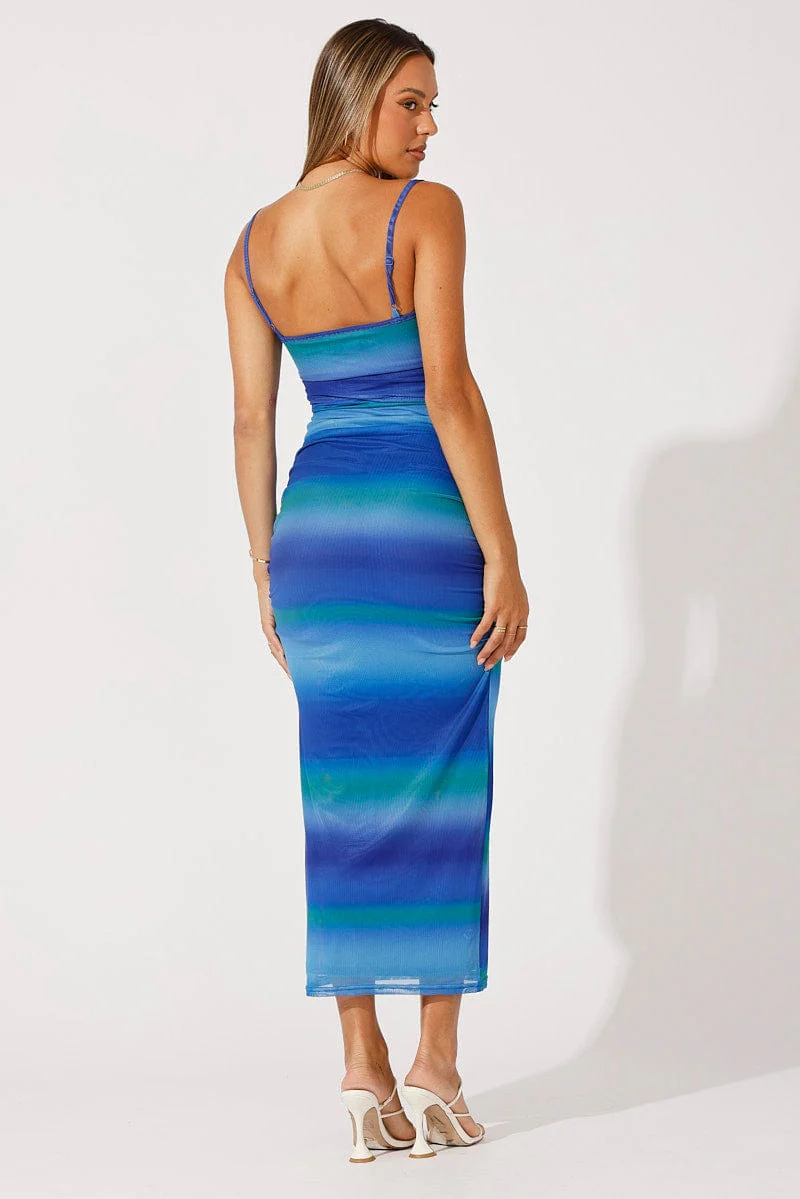 Multi Abstract Bodycon Maxi Dress Mesh