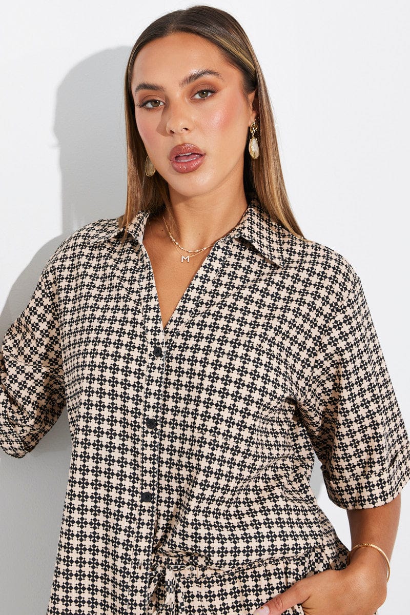 Brown Geo Shirt Short Sleeve Collared Neck