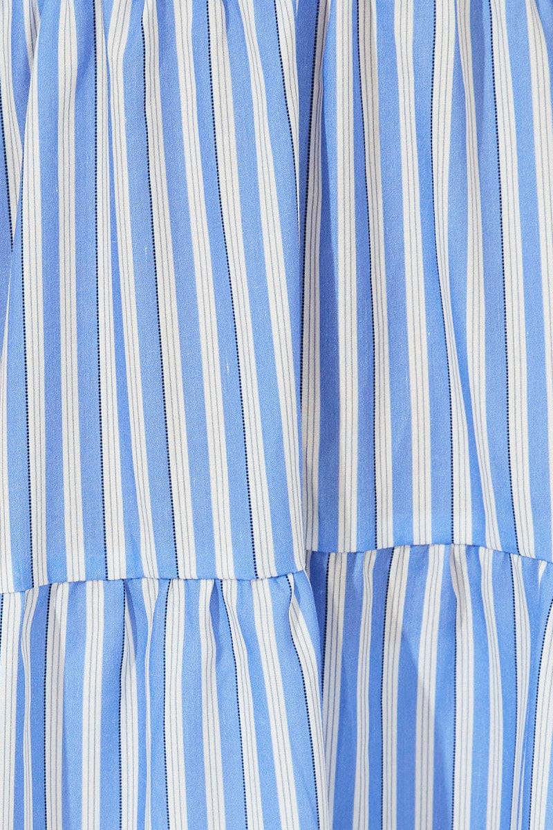 Blue Stripe Midi Dress Short Sleeve Shirred