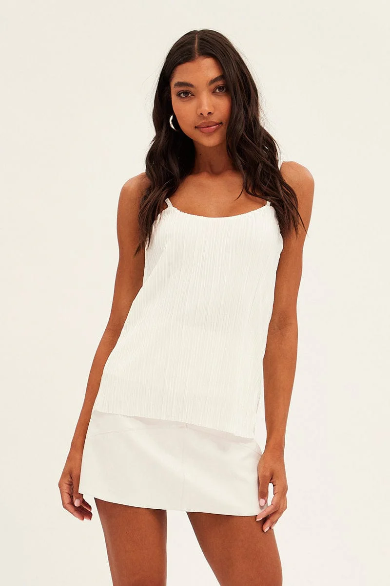 White Plisse Singlet Sleeveless Crop Scoop Neck