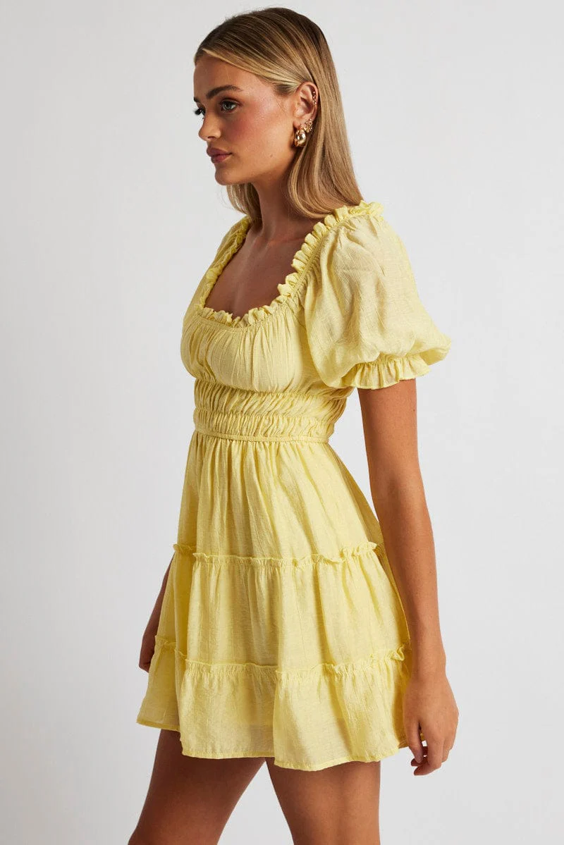 Yellow Fit And Flare Dress Puff Sleeve