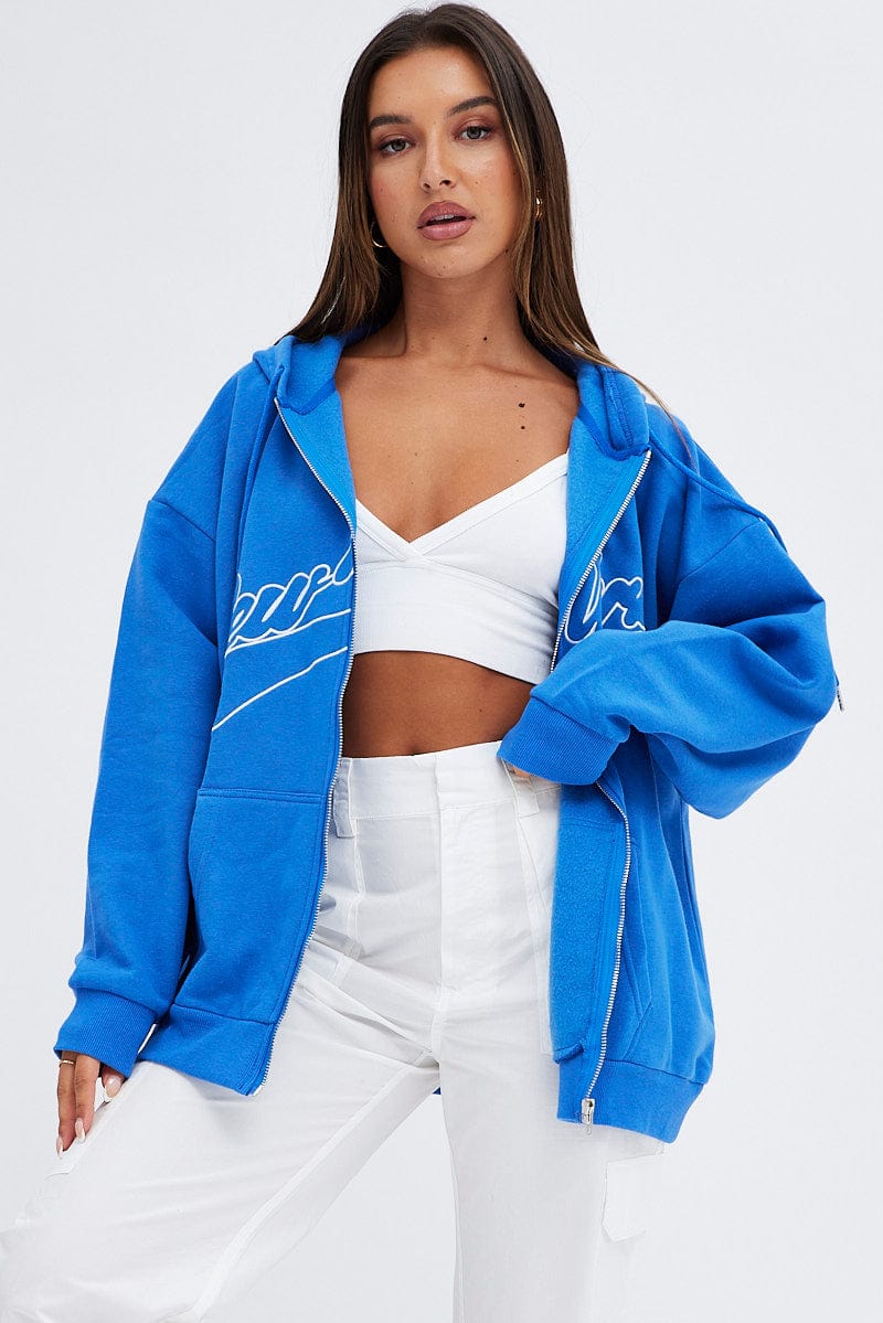 Blue Hoodie Zip Long Sleeve New York Embroidery