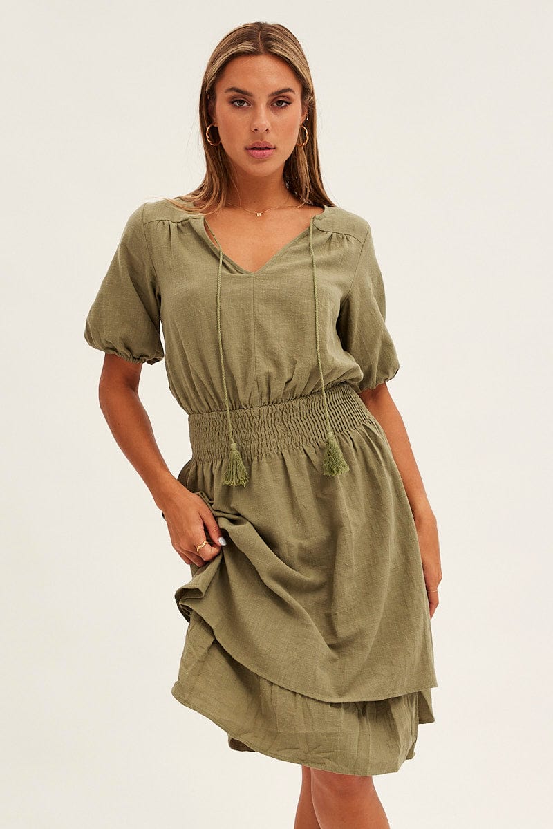 Green Midi Dress Short Sleeve V Neck