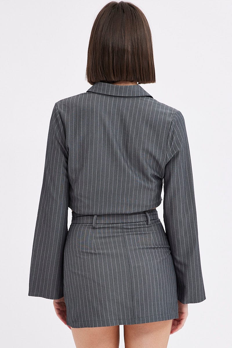 Grey Stripe Mini Skirt High Rise Pencil Side Slit