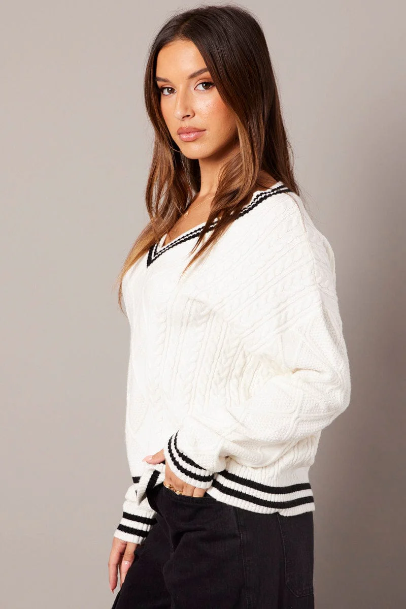 White Knit Top Long Sleeve V-Neck Cable