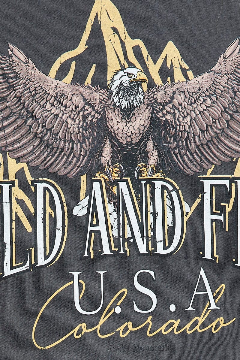 Grey Graphic Eagle Mountains Crop Oversized Tee T-shirt