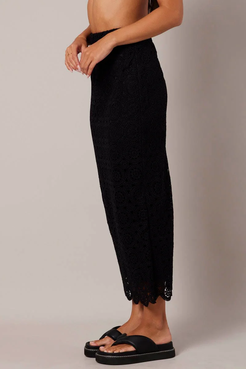 Black Midi Skirt High Rise Lace