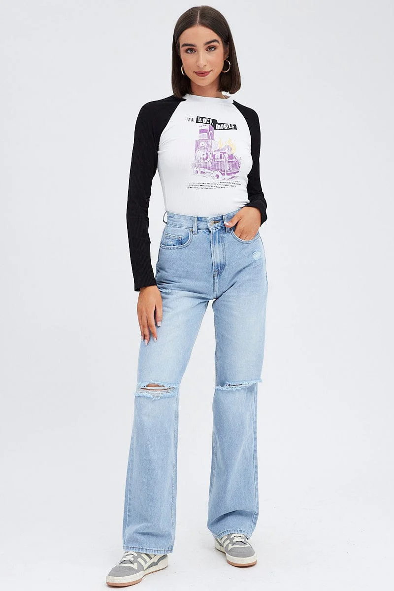 White Top Long Sleeve Crew Neck Longline Rock Graphic