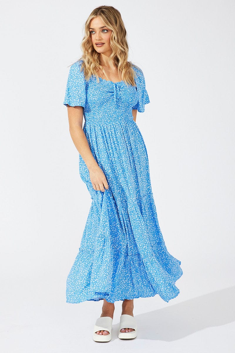 Blue Ditsy Maxi Dress Short Sleeve Shirred