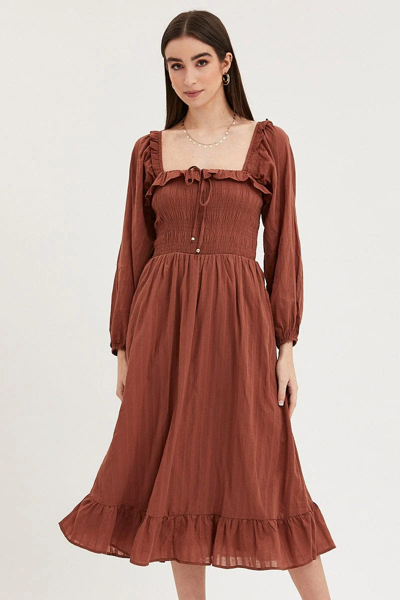 Brown Midi Dress Long Sleeve Evening