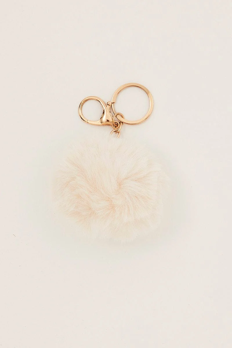 White Faux Fur Pom Pom Key Ring