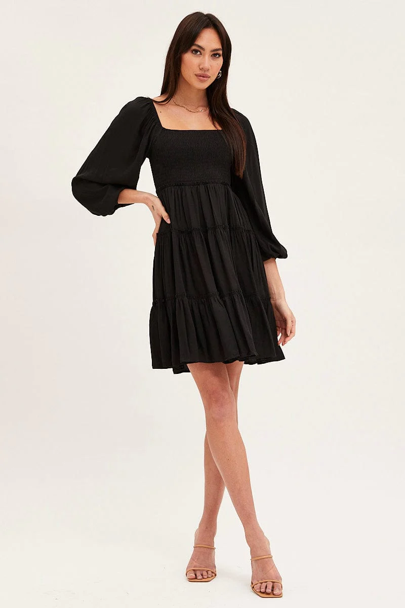 Black Fit And Flare Dress Long Sleeve Square Neck