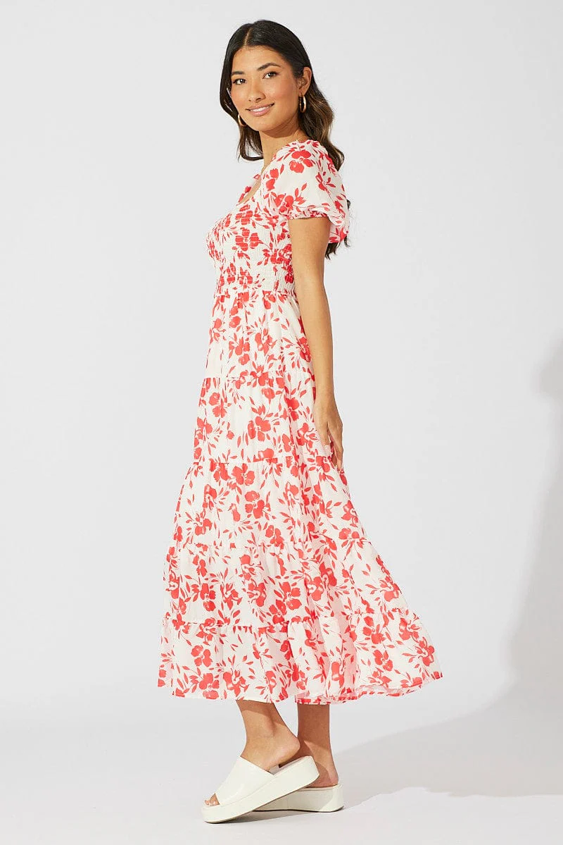 Red Floral Maxi Dress Short Sleeve Shirred Tiered