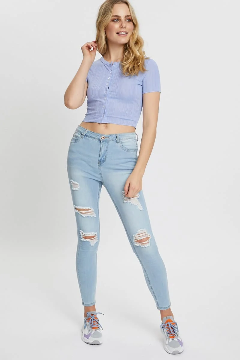 Purple Button Front Crop Tee